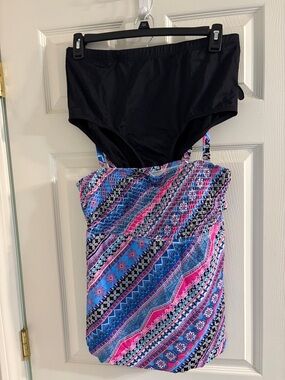 Black High-Waist Swim Bottoms with Pink & Blue Patterned Tankini